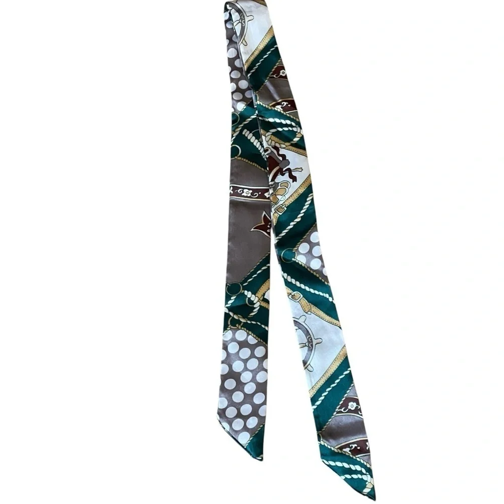 Green Nautical Tie Scarf Versatile Long Ribbon Gold White Brown 35